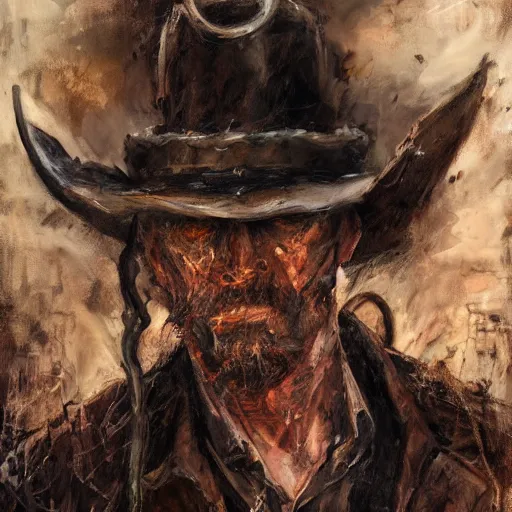 Image similar to portrait of a corrupted eldritch cowboy in a scenic environment by henry asencio, steampunk, lovecraftian, oldwest, abomination, tentacles, eyes