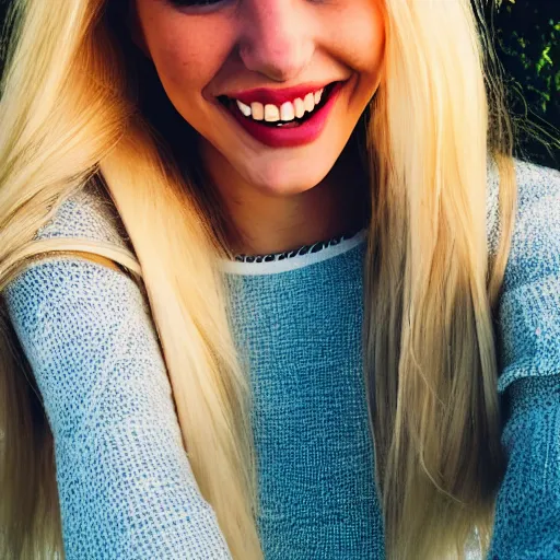 Image similar to beautiful selfie of a cute thin young woman smiling smugly, long light platinum blonde hair, flushed face, small heart - shaped face, cute freckles, light blue eyes, golden hour, 8 k, instagram