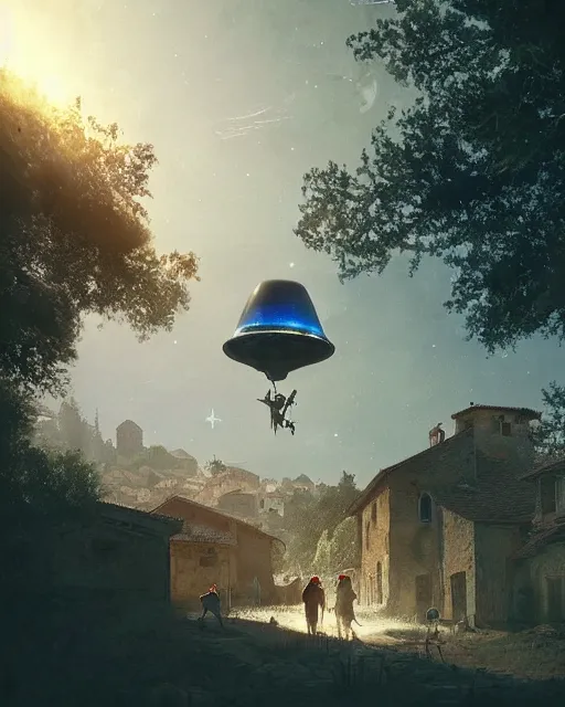 Image similar to ufo landing in italian medieval village, ultra realistic, lens flare, atmosphere, glow, detailed, intricate, full of colour, cinematic lighting, trending on artstation, 4 k, hyperrealistic, focused, extreme details, cinematic, masterpiece, by ismail inceoglu