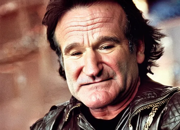 Prompt: promotional image of robin williams as a heavy metal singer in a movie from 1978, rugged black clothes, detailed face, movie still frame, promotional image, imax 70 mm footage