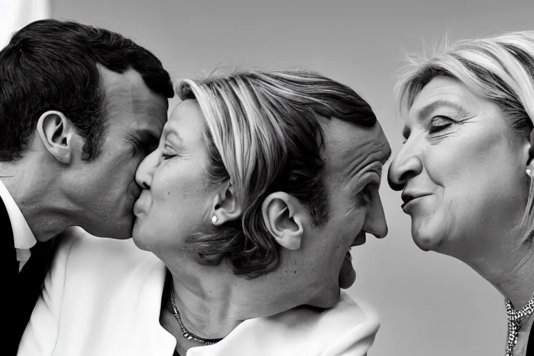 Image similar to Emmanuel Macron kissing Marine Lepen on the mouth , photojournalism photography, white background