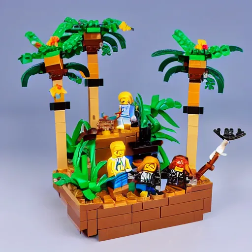 Image similar to lego minifig diorama tropical island palm trees pirates vines monkeys treasure chest god rays