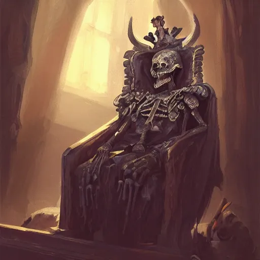 Image similar to Skeleton King wearing noble clothes, resting on his throne, crown, oil painting, by Fernanda Suarez and Greg Rutkowski