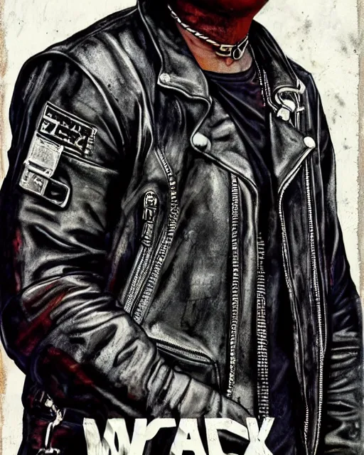 Image similar to juice wrld in black leather jacket mad max post apocalpytic, airbrush, drew struzan illustration art, key art, movie poster