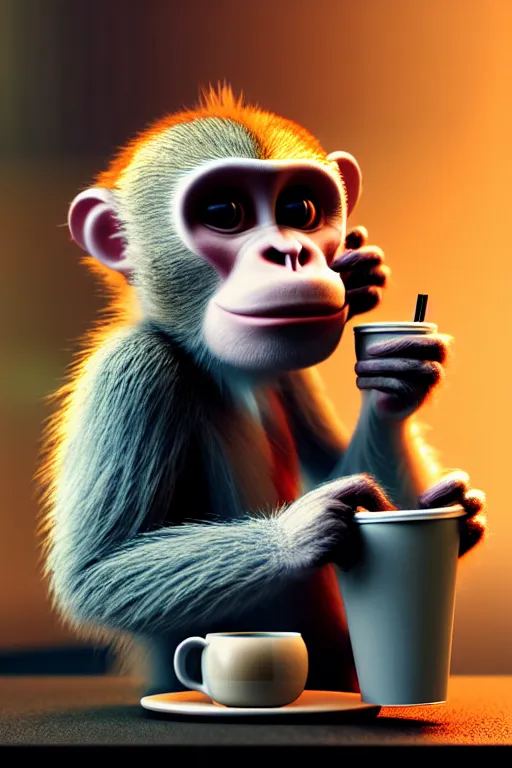 Prompt: high quality 3 d render very cute monkey! with large cup of coffee!, cyberpunk highly detailed, unreal engine cinematic smooth, in the style of blade runner & detective pikachu, hannah yata charlie immer, moody light, low angle, uhd 8 k, sharp focus