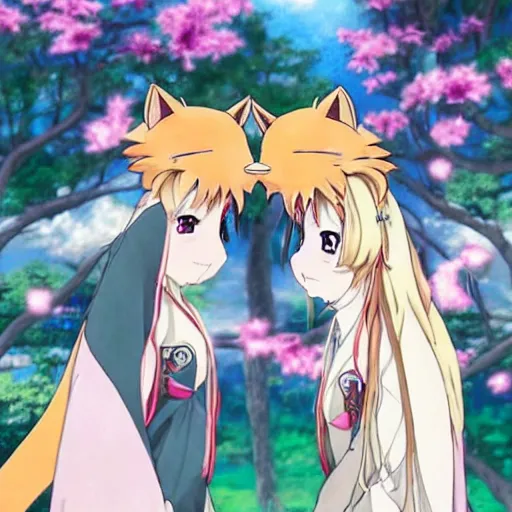 Prompt: a scene of two anime fox girls in kimonos standing face to face, detailed anime art
