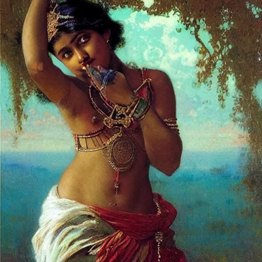 Image similar to detailed potrait 8 0 s srilankan girl with tatoos all over body in baroque style, girl graceful,, painting by gaston bussiere, craig mullins, j. c. leyendecker, lights, art by ernst haeckel, john william godward, hammershøi,,