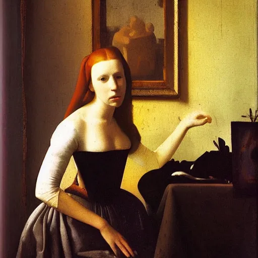 Prompt: portrait of Simone Simons by Johannes Vermeer