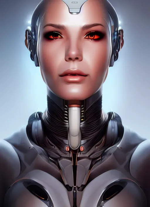 Image similar to portrait of a cyborg woman by Artgerm, (((((face turns left))))) ((((((face turns right)))))), eyes closed , biomechanical, hyper detailled, trending on artstation