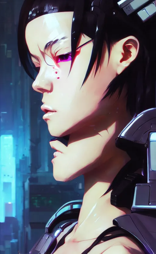 Prompt: cyberpunk anime girl mech, cyberpunk accessory, side view, 3 / 4 shot, street night, beautiful face, grafity, arcane, detail, good face, pose model, concept art, in style of yoji shinkawa, pan ren wei, col price, atey ghailan, by greg rutkowski, aesthetic, digital painting, 3 d, non crop