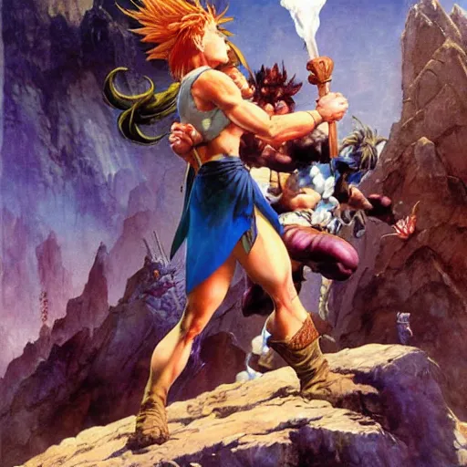 Image similar to crono stands atop a mountain of as marle and ayla clutch his legs, epic painting by frank frazetta