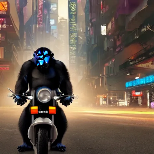 Prompt: a gorilla is riding a motor cycle in a cyberpunk city