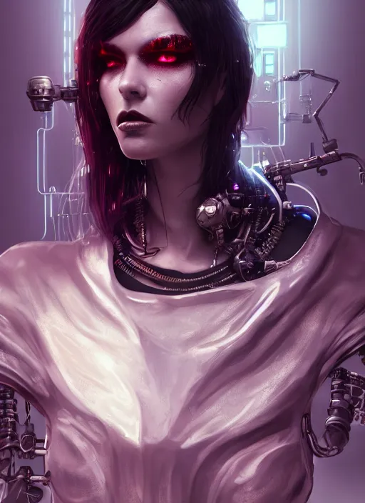Image similar to soft lustrous ebony ivory seductive biotech raver gutter punk gothic cyborg, golden ratio, details, scifi, fantasy, cyberpunk, intricate, decadent, highly detailed, digital painting, octane render, artstation, concept art, smooth, sharp focus, illustration, art by artgerm, loish, wlop