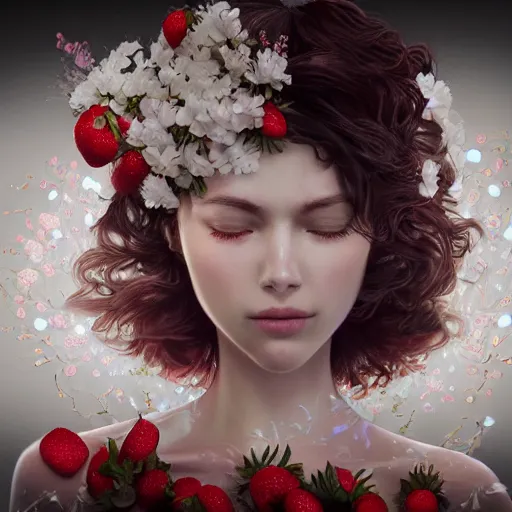 Image similar to the face of an absurdly beautiful, graceful, elegant, sophisticated young woman made of strawberries and white petals with tears, an ultrafine hyperdetailed illustration by kim jung gi, irakli nadar, intricate linework, bright colors, octopath traveler, final fantasy, unreal engine 5 highly rendered, global illumination, radiant light, detailed and intricate environment