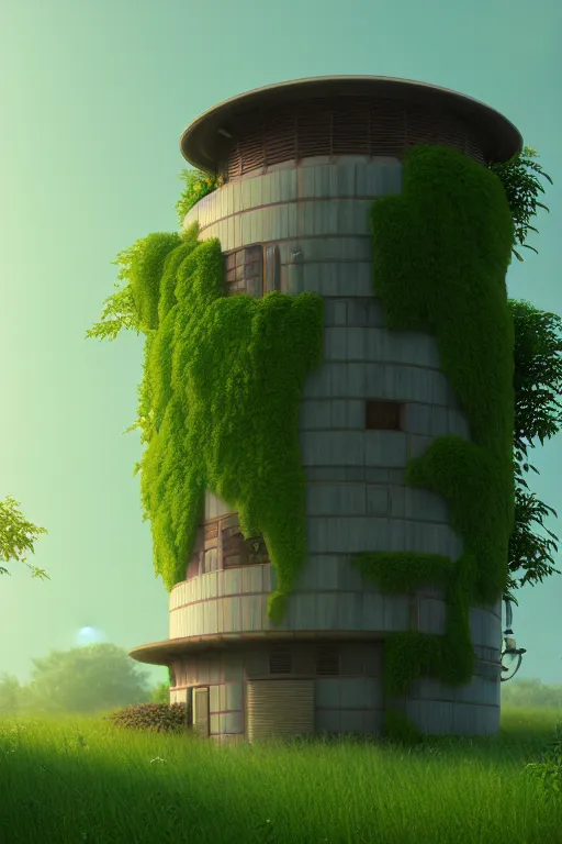 Image similar to cylindrical house, solarpunk, studio ghibli, jean - baptiste monge, octane render, 4 k