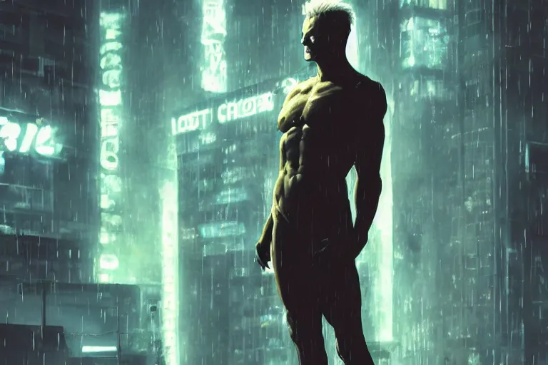 Image similar to roy batty with a bare torso sits in the lotus position with his head bowed in the rain on the roof of a building in the cyberpunk future, around neon signs, a little haze, night, realistic proportions, anime style ghost in armor