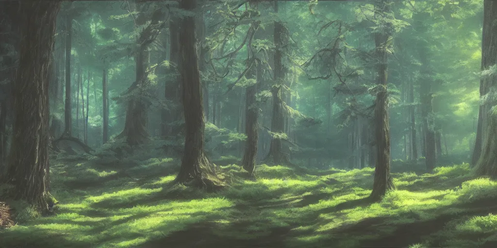 Prompt: The woods, cinematic angle, studio Ghibli, cinematic lighting, detailed oil painting, hyperrealistic, 8k