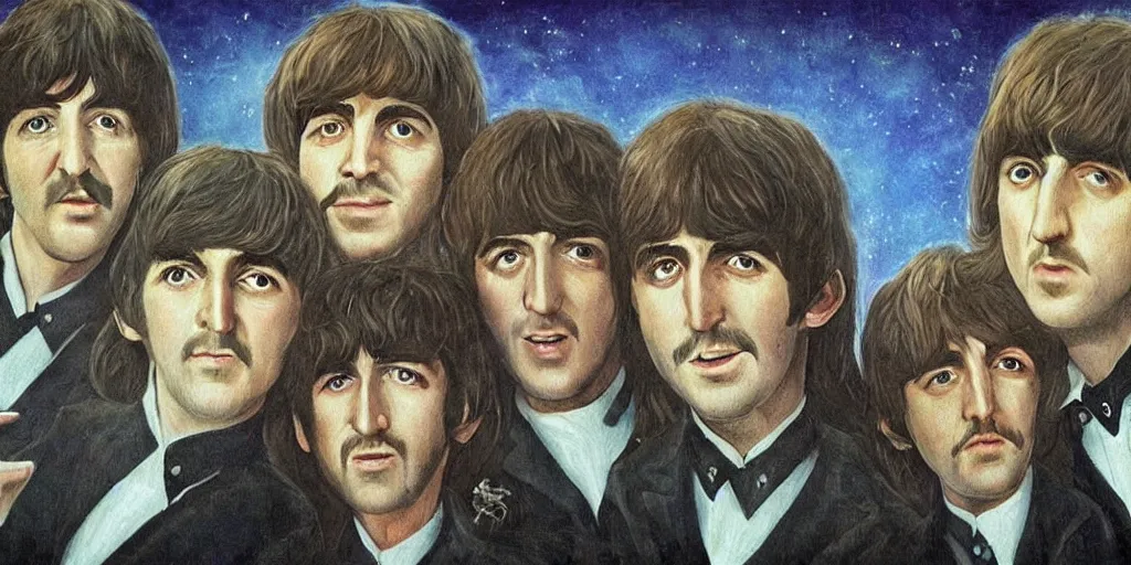 Image similar to the beatles in lord of the rings, fantasy art style