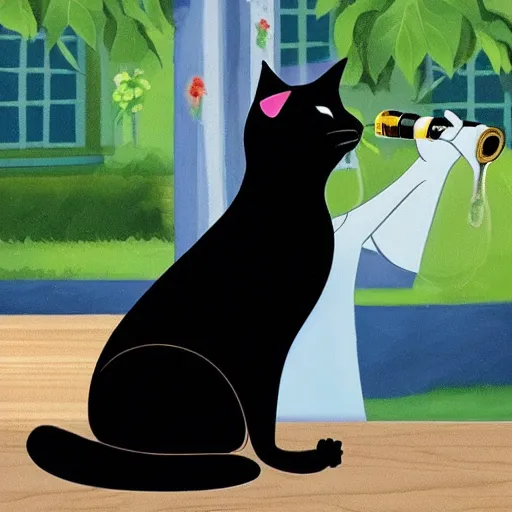 Image similar to A black cat drinking wine in the style of disney