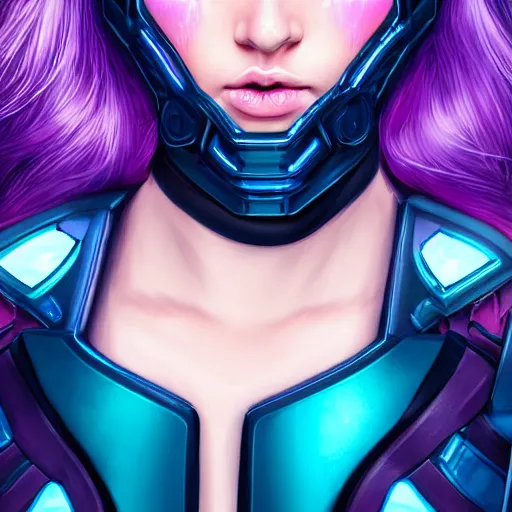 Image similar to a stunning upper body portrait of a beautiful young woman wearing futuristic navy blue and teal battle bodyarmor with pauldrons and luminescent fine lines and ombre purple and pink hairstyle with hair blowing in the wind, by marvel comics, highly detailed, fine detail, intricate, digital art, trending on artstation