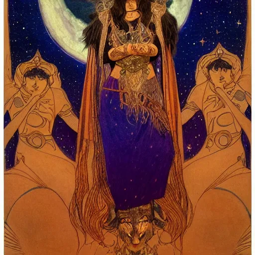 Image similar to queen of the moon with stars in her hair, by nicholas roerich and annie swynnerton and donato giancola and dulac, dramatic lighting, god rays, geometric tattoos, rich colors, smooth sharp focus, extremely detailed, leo and diane dillon, adolf wolfli