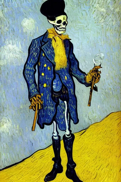 Prompt: 4k detailed painting by Van Gogh of a skeleton sailor (skeleton dressed like 19th century sailor in heavy wool coat, loose tie, shirt, and crooked crumpled hat, smoking cigarette), white and blue skeleton on a yellow background
