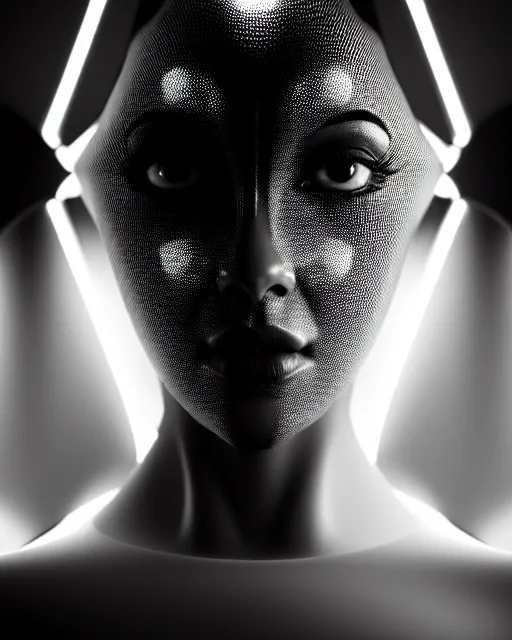 Image similar to black and white high quality photo of a female AI-queen-dragon-meshes-cyborg looking into a sci-fi mirror, volumetric lighting, brutalism, foggy, dreamy, hyperdetailed, bokeh, photorealistic, cinematic, masterpiece, elegant, dark, in the style of Horst P. Horst, octane render, 8K,