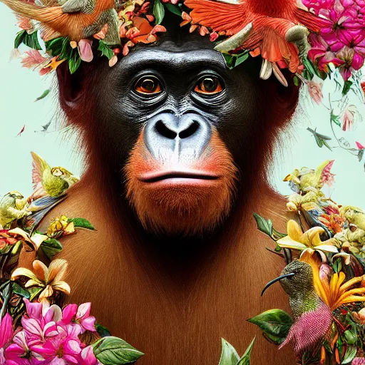 Image similar to portrait of an orang - utan surrounded by hummingbirds and fine floral ornaments, eye - level medium - angle shot, intricate, floral background, by esao andrews, by m. w. kaluta, by yoshita amano, intricate, symmetrical, natural lighting, smooth, 3 d octane render, depth perception, 4 k,, artstation