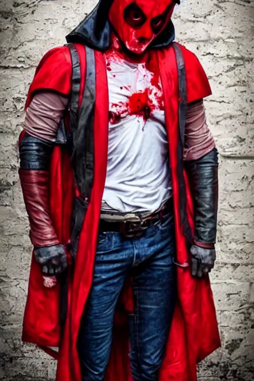 Image similar to red hood cosplay, creepy, disturbing, bloody