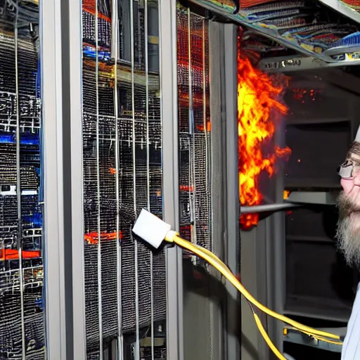 Prompt: a linux sysadmin extinguishing server fires, linux guru, RMS, stallman, GNU, datacentre, server, rack, switch