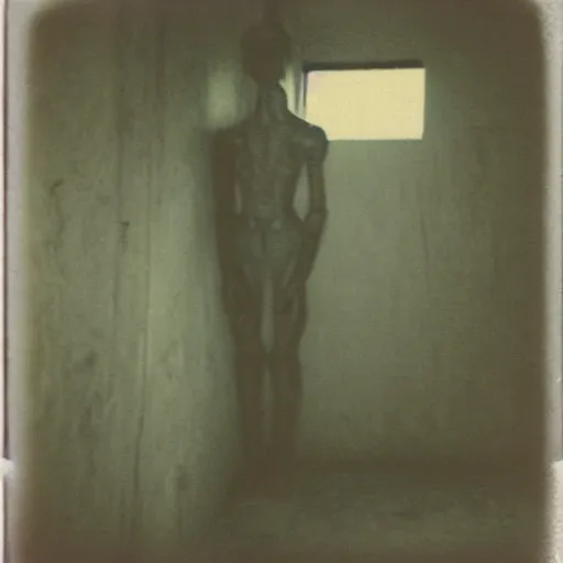 Image similar to a humanoid creature at the bottom of a dark stairwell, dark!, creepy, unsettling, uncanny valley!!!, old polaroid, expired film,