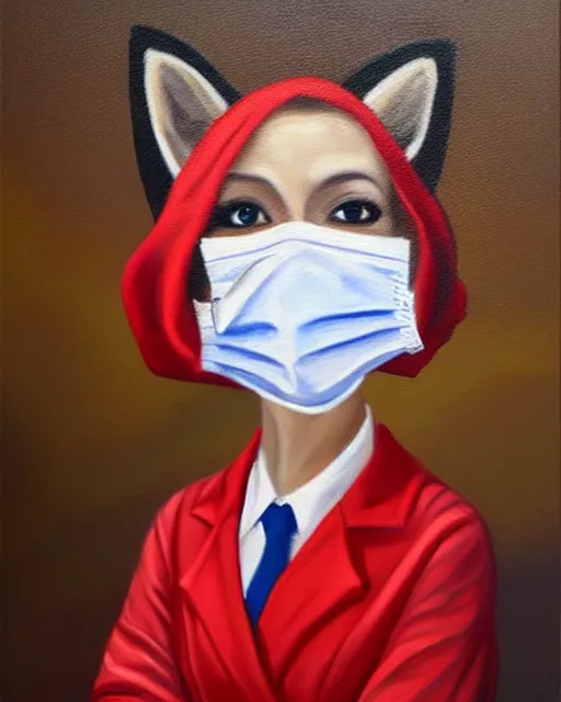 Image similar to oil painting portrait of anthropomorphic female fox animal dressed in labcoat, surgical mask covering mouth, red eyes, fox animal, hospital in background, oil painting,