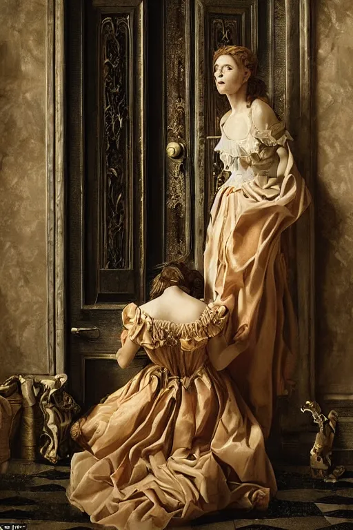 Image similar to the dweller on the threshold dramatic, elaborate emotive Baroque and Rococo styles to emphasize beauty as a transcendental, 8k image, ultra-realistic