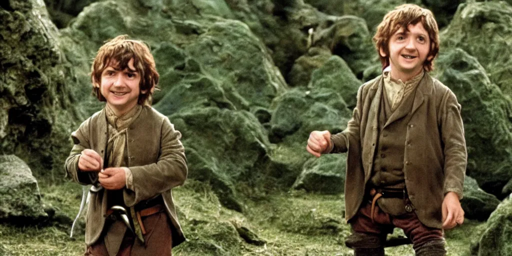 Image similar to A full color still of young Ringo Starr as a hobbit, in The Lord of the Rings directed by Stanley Kubrick, 1970,