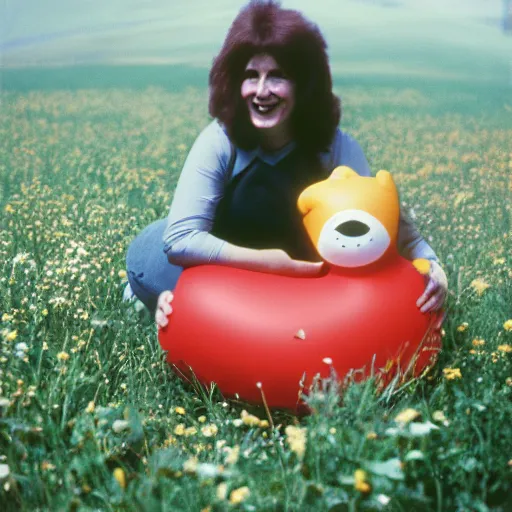 Image similar to A sad woman wearing a smiling inflatable toy in a meadow, 1980, color film expired film, aged photo, fellini almodovar john waters