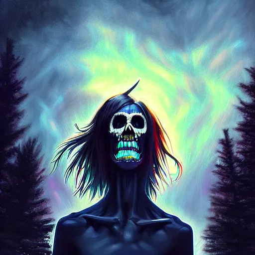 Prompt: Tim Jacobus art, Wendigo in suburbs, outside, upward angle, neon colors, spooky lighting, clouds, artgerm, painting, Goosebumps, realistic, horror