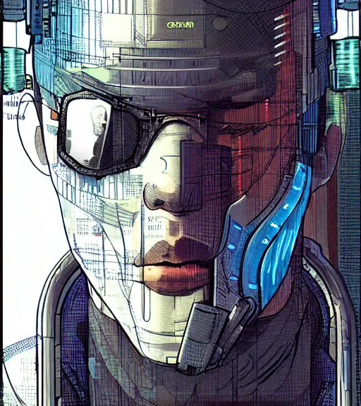 Image similar to a cyberpunk man with multiple digital patchwork faces, techwear, Industrial Scifi, detailed illustration, character portrait, by Martin Grip and Moebius