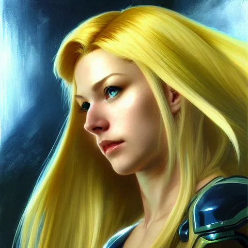 Image similar to portrait of Zero suit Samus with long blonde hair as League of Legends character, digital illustration portrait, dark fantasy, medium shot, intricate, elegant, highly detailed, digital painting, volumetric light, artstation, concept art, smooth, sharp focus, illustration, art by Donato Giancola and Gil Elvgren and Greg Manchess and Alphonse Mucha