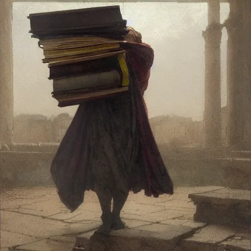 Image similar to half portait of magican wearing a closed cowl and carrying big old book! chained to the wrist, jeremy mann, jean leon gerome, tiepolo, alphonse mucha, greg rutkowski, face in the shadows, ( ( ruins of ancient rome ) ), at dusk, mysterious atmosphere, sunrays, dof, high detailed, 8 k