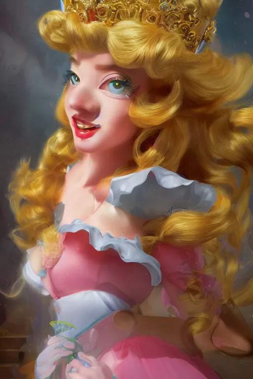 Image similar to Princess peach, super mario, dramatic, elaborate emotive Baroque and Rococo styles to emphasize beauty as a transcendental, 8k image, ultra-realistic, the style of WLOP