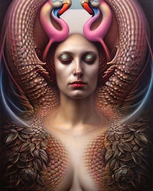 Prompt: a detailed portrait of dreampunk flamingo python hybrid mix beautiful! goddess by tomasz alen kopera and peter mohrbacher