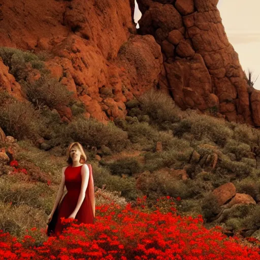 Prompt: full body shot of beautiful woman with red flowers in a rocky desert landscape with a gigantic creature behind her, multiple eyes by denis villeneuve, lubezki, gaspar noe and christopher doyle, anamorphic lens, anamorphic lens flares, kodakchrome, cinematic composition, practical effects, award winning photo, 8 k