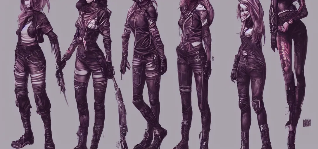 Image similar to character sheet concept art of female video game characters, streetwear, futurepunk, dark, moody, by marc brunet and artgerm