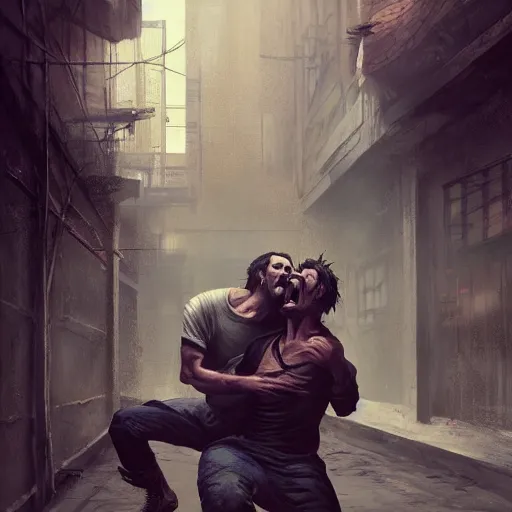 Prompt: original masterpiece artwork of 2 men strangling each other during a fight in an alleyway by greg rutkowski and strewzan, horror, crime, hyperrealistic, octane render, exciting pose, dynamic lighting