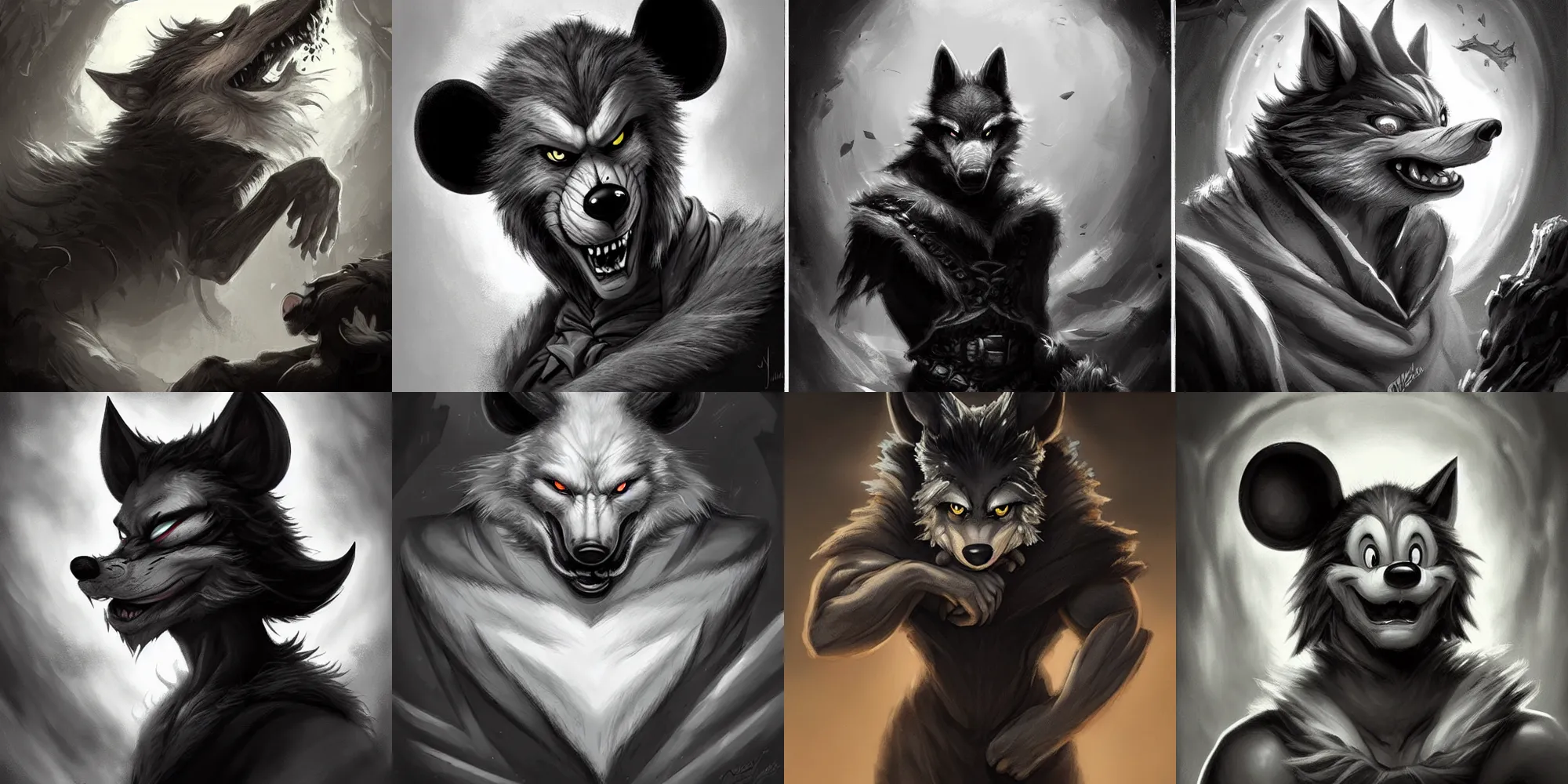 Prompt: a realistic black and white werewolf mickey mouse, pretty, beautiful, DnD character art portrait, matte fantasy painting, DeviantArt Artstation, by Jason Felix by Steve Argyle by Tyler Jacobson by Peter Mohrbacher, cinematic lighting