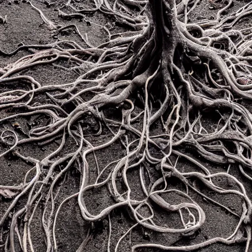 Image similar to photograph of pitch black, tar - like roots with lots of tendrils spreading everywhere, intricate detail, goopy, deep black roots, infestation