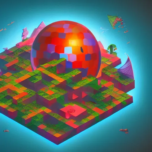 Image similar to isometric half sphere island on neon background, isometric invironment, 3d art, isometric art, high detail, artstation, concept art, behance, ray tracing, smooth, sharp focus, ethereal lighting