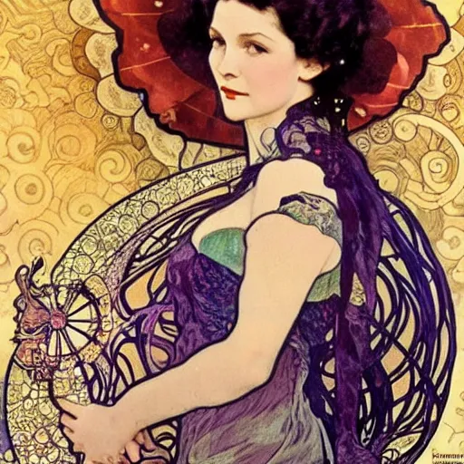 Image similar to vivien leigh with a spiraling nebula for hair beautiful detailed romantic art nouveau face portrait by alphonse mucha and gustav klimt, hauntingly beautiful refined moody dreamscape