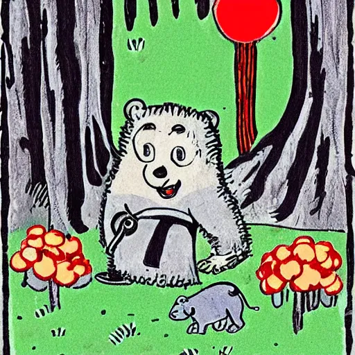 Prompt: A cute chaotic bear in the countryside holding a sword and exploring a Swedish castle. illustrated by Tove Jansson, in the style of Moomin
