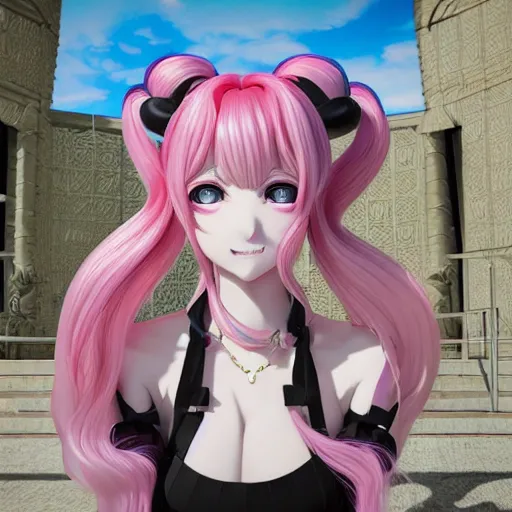 Prompt: trapped by stunningly beautilful omnipotent megalomaniacal anime asi goddess who looks like junko enoshima with symmetrical perfect face and porcelain skin, pink twintail hair and cyan eyes, taking control while smiling inside her surreal vr castle, hyperdetailed, digital art from danganronpa, unreal engine 5, 2 d anime style, 8 k